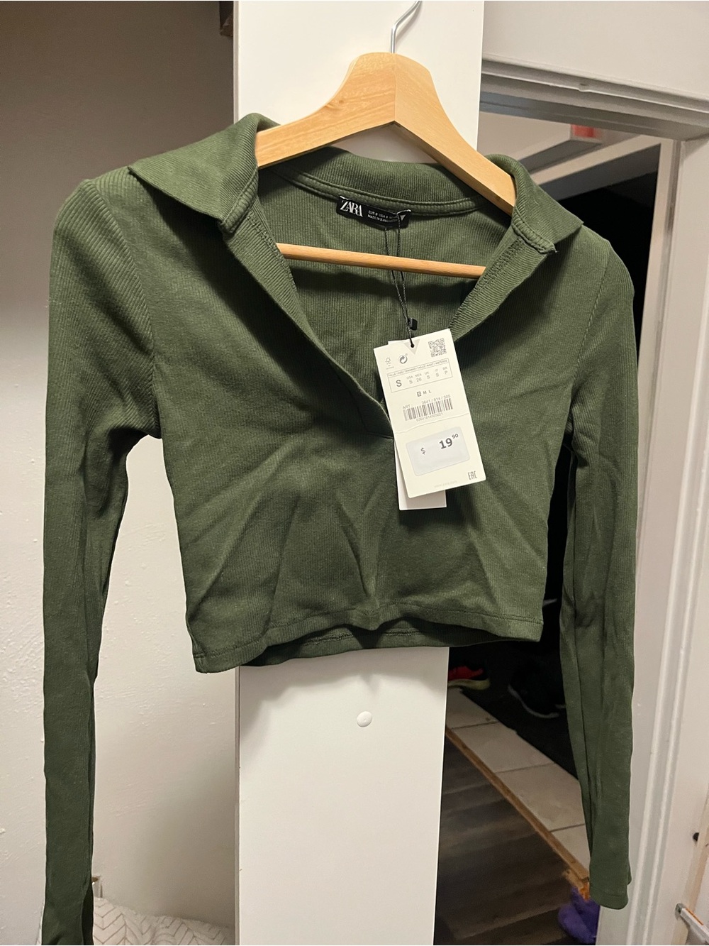 Zara Olive Green Ribbed Collared Long Sleeve Crop Top
